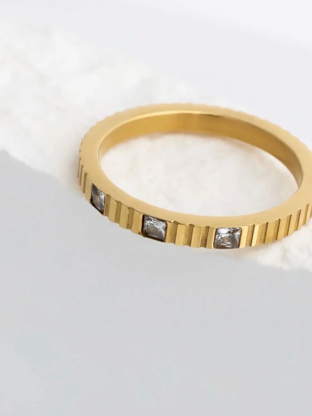 18K Gold Stainless Steel Triple Stone Fluted Stacking Ring